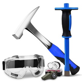 5 PCS Geology Rock Pick Equipment Kit,21oz Hammer & 11.8" Rock Digging Chisel with Protective Caps,Safety Glasses, Whistle, Jewelers Loupe,Gold mining and exploration equipment (Style - 1M)