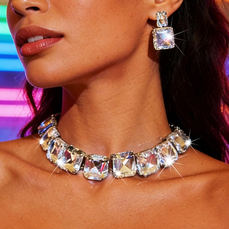 JAKAWIN Rhinestone Choker Necklace Set Chunky Diamond Jewelry Set Prom