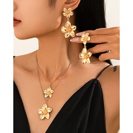 LANWLOSI Gold Hibiscus Necklace Earrings Set for Women Big Double Hibiscus Flower Drop Earrings Trendy Gold Layered Flower Pendant Necklace Summer Spring Floral Jewelry Accessories