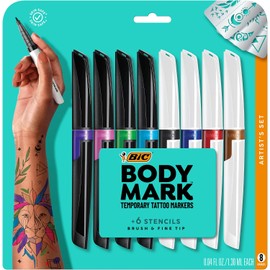 BIC BodyMark - Juego de marcadores temporales para tatuajes con colores vibrantes y puntas mixtas, paquete de 8 unidades en tinta variada