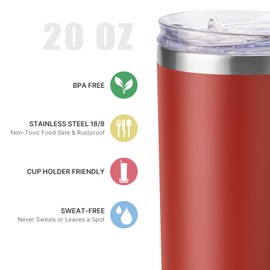 koodee Coffee Tumbler 20 oz Stainless Steel Double Wall Vacuum Insulated Skinny Tumbler with Lid and Straw, Beach Cup for Women and Girls(Canyon Red)