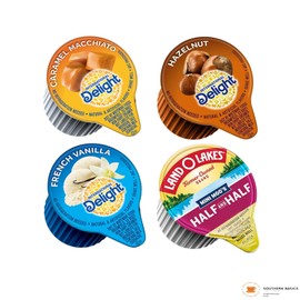 SOUTHERN BASICS Premium Coffee Creamers Liquid Creamer Singles Variety Pack, Caramel Macchiato, French Vanilla, Half-Half & Hazelnut - No Refrigeration - Box Of 96