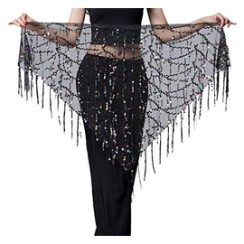 Lauthen.S Women Belly Dance Hip Scarf, Sequin Tassels Triangle Tribal Wrap Skirt Waist Chain Black(Multicolor Sequins)