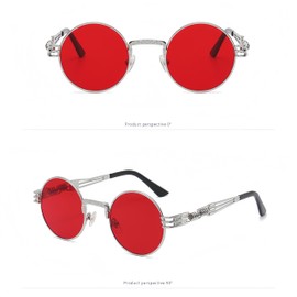 WDZAYXC Retro and Punk Round Metal Frame Polarised Sunglasses for Fashionistas, Silver / Red
