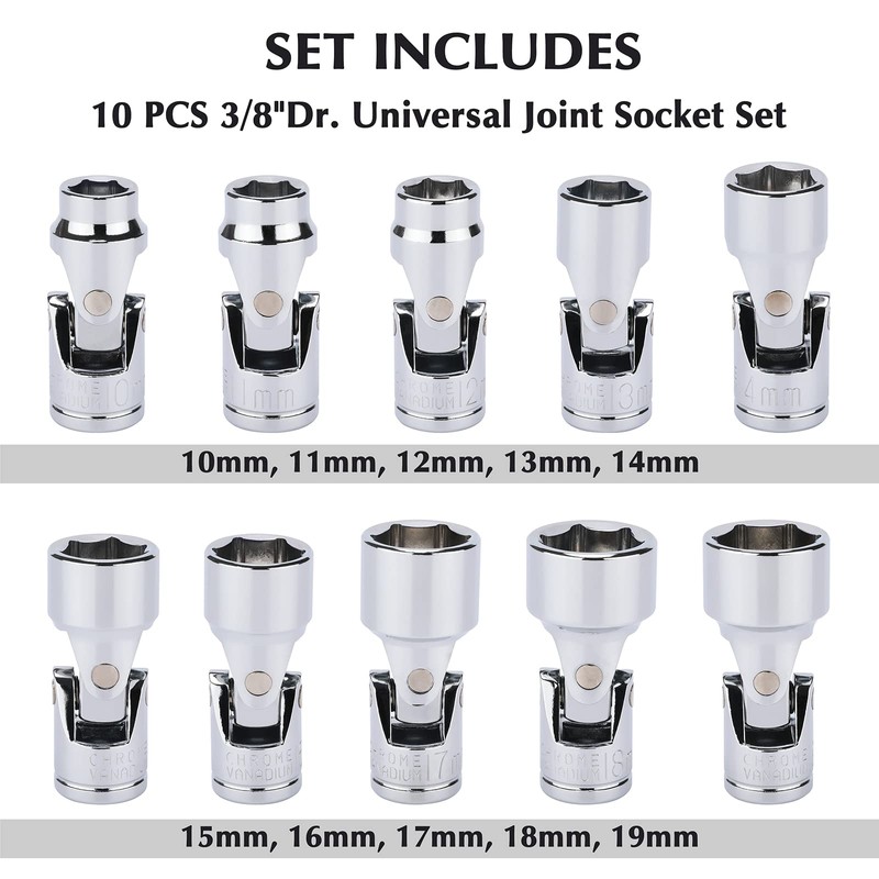 EMENTOL 10PCS 3/8" Drive Universal Joint Socket Set, 6 Point,