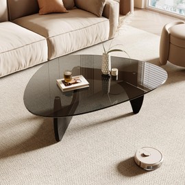 Honyee Morden Triangle Coffee Table, Tempered Glass Top with Wooden Legs, 42.5" x 28.5" x 16.1" for Living Room, Black