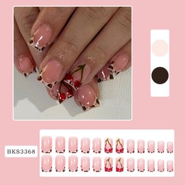 Short Press on Nails Square Fake Nails Nude Glossy Acrylic Nails Leopard French Tip False Nails with Design Cute Cherry Glue on Nails Full Cover Stick on Nails for Women Manicure Decorations 24pcs