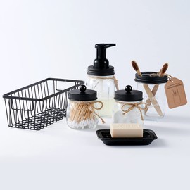 SheeChung 6Pack Mason Jar Bathroom Accessories Set - Foaming Soap Dispenser, Toothbrush Holder, 2Pack Qtip Holders, Bathroom Sink Set, Guest Towel Holder- Black