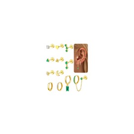 FANCH 12 Pieces Surgical Steel Stud Earrings for Women Hypoallergenic 316L Stainless Steel Hoop Earrings Set 14K Gold-Plated Flat Back Tragus Helix Cartilage Green CZ Chain Medical Earrings for