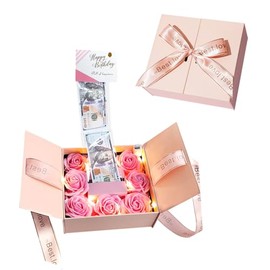 Magicaldiy Gift Box with Soap Rose Flower and Ribbon, Luxury Money Roll Pull Out Surprise Box, Surprise Romantic Money Pull Box for Cash Gift (Pink)