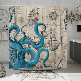 DESIHOM Vintage Nautical Octopus Shower Curtain Set, Funny Ocean Kraken Shower Curtains for Bathroom, Beach Coastal Pirate Map Decor Polyester Fabric-72" x 72"
