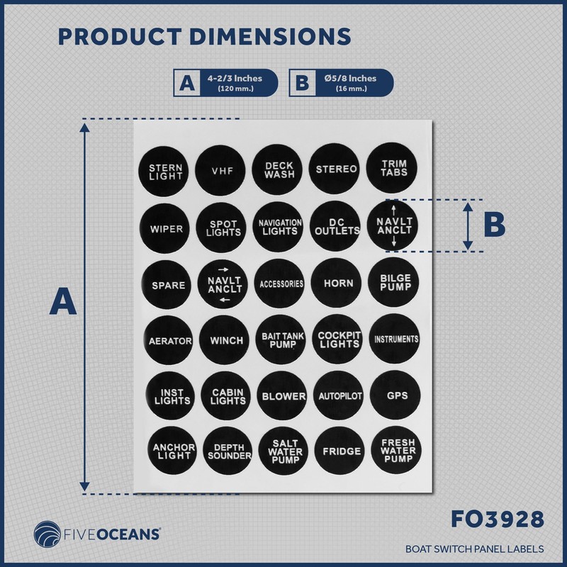 Five Oceans Boat Switch Panel Labels, 30 Pcs per Sheet,