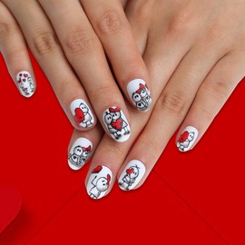 Valentines Day False Nails Love Story Cartoon Fake Short Almond Nails with Design Jelly Glue Swirl Acrylic Press on Nails Artificial Nails for Women Girls Nail Decorations 9128