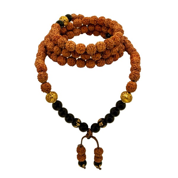 Samsara Tibetan Mala Necklace with 108 Beads Rudraksha and Onyx,