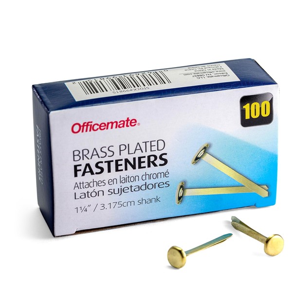 Officemate Brass Plated Fasteners, 1.25-Inch Length, 0.375-Inch Head, 100 per Box (99815)