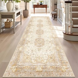 Castage Washable Runner Rug 2'x8',Boho Rug Runners Non Slip,Long Rugs for Hallways Kitchen Bathroom Bedroom Entryway,Vintage Bohemian Distressed Floor Carpet,Beige Gold Floral