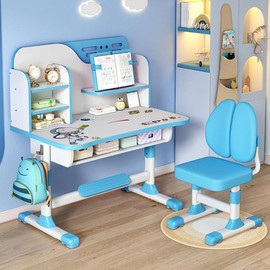 Student Learning Desk and Chair Set Blue Desk Set Height Adjustable with Drawers and Storage Compartments Desktop Cartoon Learning Desks and Chairs