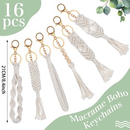 Junkin 16 Pack Mini Macrame Keychains Cute Boho Macrame Bag Charms Handcrafted Aesthetic Boho Car Accessories Boho Keychain for Women Tassel Keychain for Car