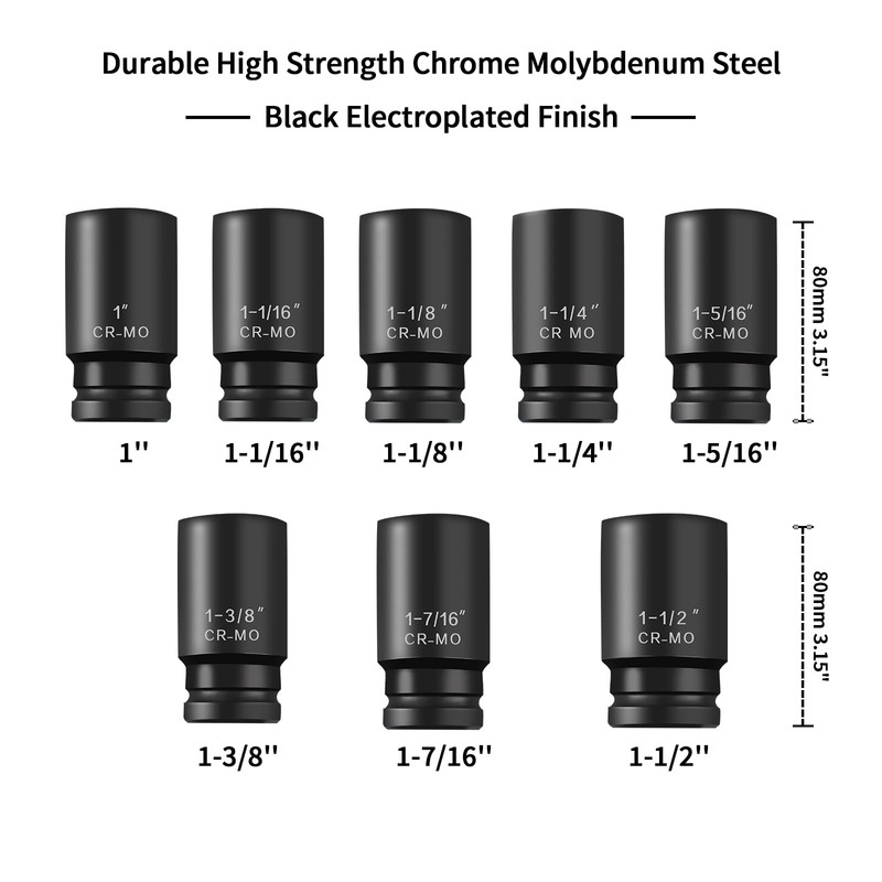 TONYNOL 3/4 Inch Drive Deep Impact Socket Set,6-Point,SAE(1"to 1-1/2"),8 Pcs,Cr-Mo.Heavy