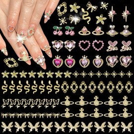 100 Pcs Gold Nail Charms, Cherry Crown Heart Planet Pink Nail Rhinestones and Charm, Snake Star Butterfly Bows Alloy Nails Y2K Charms, 3D Golden Charm for Nail Art DIY Supplies