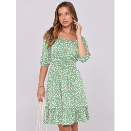 ANRABESS Women Summer Casual Short Lantern Sleeve Square Neck A-Line Flowy Boho Mini Dress 2025 Trendy Beach Travel Clothes White Brown Dot XX-Large