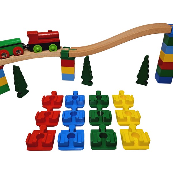 Baymo3D | 12x track adapters for Duplo to wooden train track | Compatible with Brio, Lillabo, Bigjigs and more (BD12-AMZ-MIX)