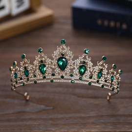 Green Baroque Crown Gothic King Queen Tiara Vintage Crystal Headpiece for Party Pageant Wedding Prom (Dark green)