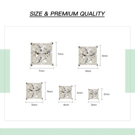 Rhodium Plated S925 Sterling Silver Stock Square Earrings Luxury VVS Moissanite Lab Grown Diamond Women Stud EarringsSize: 5mm, Color: Silver