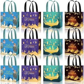 Bolsome 12Pcs Eid Mubarak Reusable Gift Bags with Handles Non Woven Ramadan Goodie Bags Eid Mubarak Treat Bags for Ramadan Kareem Eid Al Fitr Party Supplies