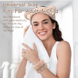 NJCXOLA Pack of 3 Spa Face Headband Wrist Wash Bands Set Soft Makeup Hair Band Elastic Wrist Sweatband Fluffy Cosmetic Headband for Women Girls (Khaki, Bear Ears)