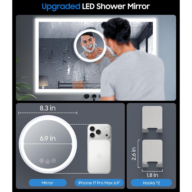 Gospire Upgraded Heated Shower Mirror Fogless for Shaving, 5000mAh Battery