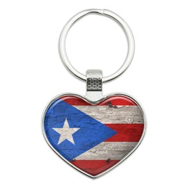 Rustic Distressed Puerto Rico Flag Wood Look Keychain Heart Love Metal Key Chain Ring