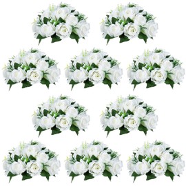 NUPTIO - Juego de 10 ramos de bolas de flores artificiales, 15 cabezas de rosas de plástico con base, adecuado para el centro de mesa de boda de nuestra tienda para fiestas, Día de San Valentín