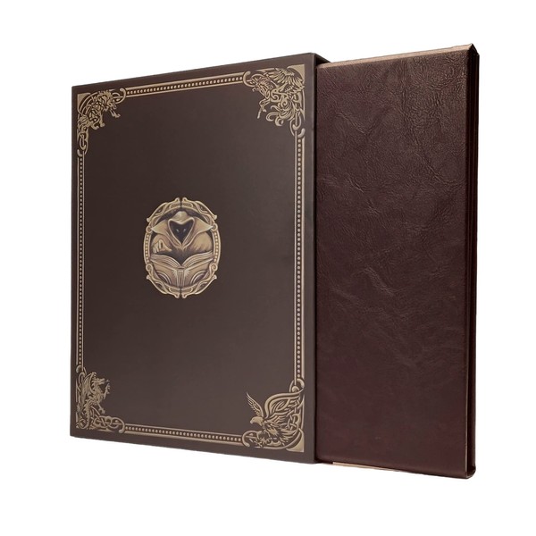 Game Master Screen - 38.5in Landscape DM Screen Compatible with Dungeons and Dragons and Other TTRPG - Faux Dragon Skin with Clear Dry Erase 8.5 x 11 Pockets - Slipcase Stores with DND Books - Brown