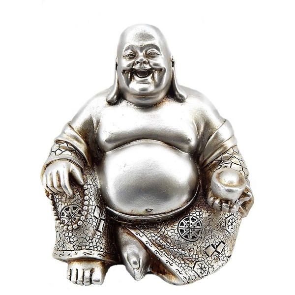 Bellaa 25761 Laughing Buddha Statue Lucky Happy Sitting 6 inch (Silver Buddha)