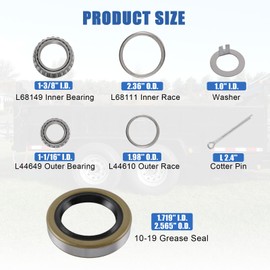 4 Sets 3500 LB Trailer Axle Bearing Kits L68149 L44649 with 171255TB/10-19 Grease Seals I.D. 1.719'' for #84 Spindle