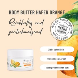 ARYA LAYA Body Butter Hafer Orange, 200 ml - reichhaltige Körperbutter mit Sheabutter bio, auch geeignet für trockene Haut, dezenter Duft nach Cerealien mit feiner Orangennote, vegan