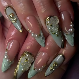 Long Press on Nails Almond Fake Nails Green False Nails French Artificial Nails with 3D Flowers and Pearl Designs Cute Acrylic Nails Press ons Gold FloralStick on Nails for Women 24pcs