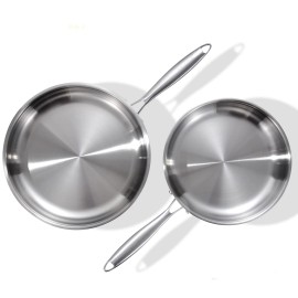 Delarlo Set of 2 18/8 Stainless Steel Frying Pans, 10 and 12 Inches, with Lids for Ki...