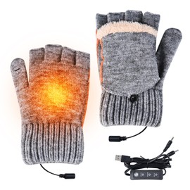 KAMEUN Heated Gloves for Men and Women, Thermal Gloves with Heating, Heated Gloves with USB Hand Warmer, Half Finger Knitted Gloves for Indoor and Outdoor Use, Gray M