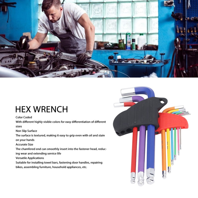 9 Pcs Hex Wrench Set Color Coded Non Slip CR