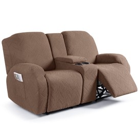 Ruaozz Stretch Loveseat Recliner Covers with Console 4-Pieces Recliner Sofa Covers with Pockets Jacquard Reclining Couch Covers Furniture Protector with Elastic Straps Bottom (2 Seater, Brown)