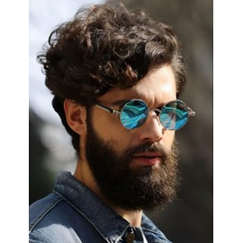 No Name Ltd Steampunk Victorian Industrial Cyberpunk Goggles, Metallic Gold Frame, Blue Mirrored Lenses, Oval Sunglasses