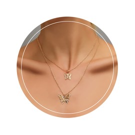 RINHOO Dainty Layered Choker Butterfly Necklace Handmade 14K Gold Plated Y Pendant Necklace Multilayer Bar Disc Necklace Adjustable Layering Choker Necklaces for Women (Style A-Gold)