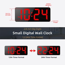 LED Digital Wall Clock with Large Display, Big Digits, Auto-Brightness, 12/24Hr Format, Modern Electric Small Silent Wall Clock for Living Room, Bedroom, Classroom, Farmhouse, Kitchen, Office - Red