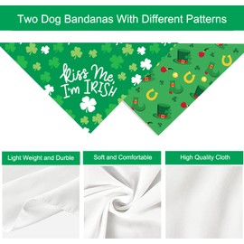 St Patricks Day Dog Bandana Puppy Scarf, 2 Pcs Shamrocks Kiss Me Irish Triangle Reversible Pet Scarf Holiday Party Dog Costume for Small Medium Large Dogs