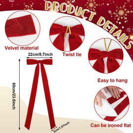 12 PCS Red Large Velvet Bows for Christmas Tree 23.6 x 8.7 Inch Rustic Velvet Staircase Wreath Bows Vintage Christmas Swag Bow for Xmas Topper Garland Ornament Home Door Indoor Outdoor Decorations