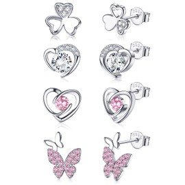 JeweBella 4 Pairs of Stud Earrings Silver Set for Women Girls 925 Sterling Silver Pin Hypoallergenic Heart Butterfly Earrings Pink Purple Sleeper Cartilage Earrings Set for Children Women, Silver