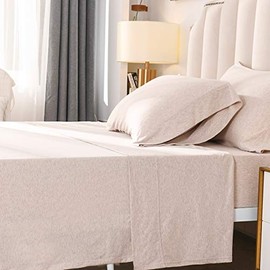 PURE ERA Jersey Knit 4pc Bed Sheet Set 100% T-Shirt Heather Cotton Super Soft Comfy Breathable Fits Mattress Up to 20" Extra Deep Pocket Beige/Ivory Queen