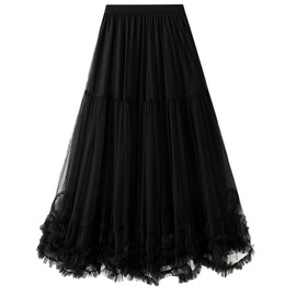 Flygo Women's Maxi Tulle Skirt Long Tiered A Line Mesh Tutu Fairy High Elastic Waist Pleated Layered Skirts Black